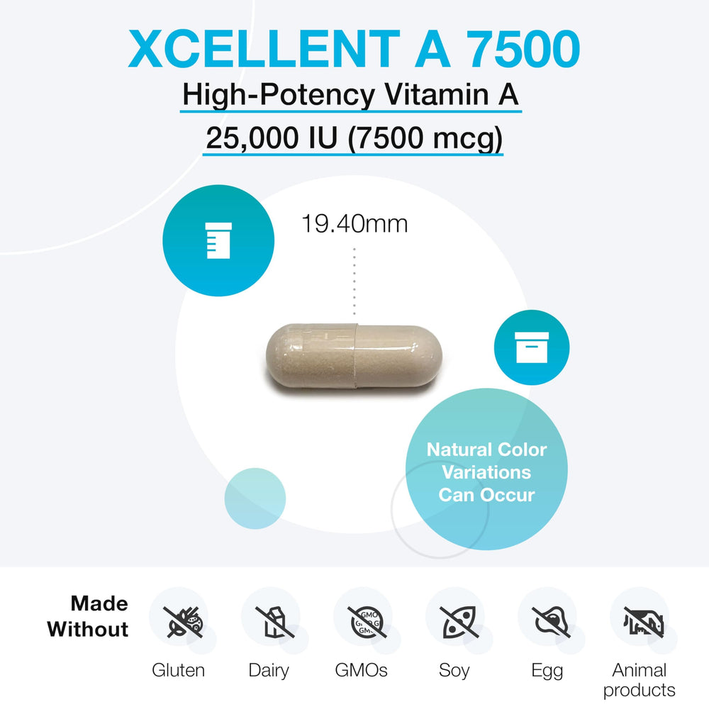 Close-up of XYMOGEN Xcellent A 7500 label emphasizing retinyl palmitate potency