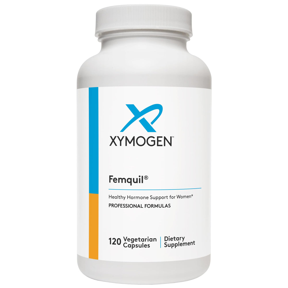 Xymogen Femquil bottle front showing label and packaging for hormone balance support.