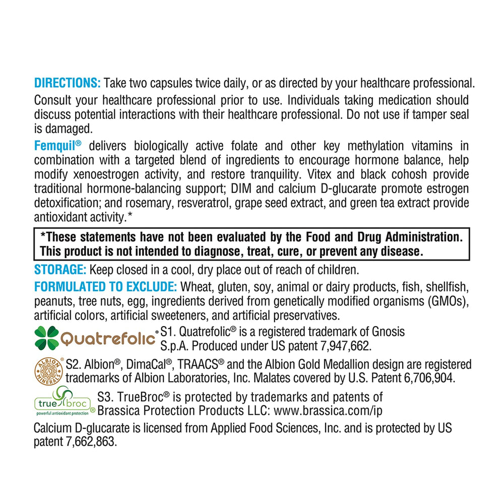 Xymogen Femquil ingredients label highlights biologically active methylfolate and DIM.