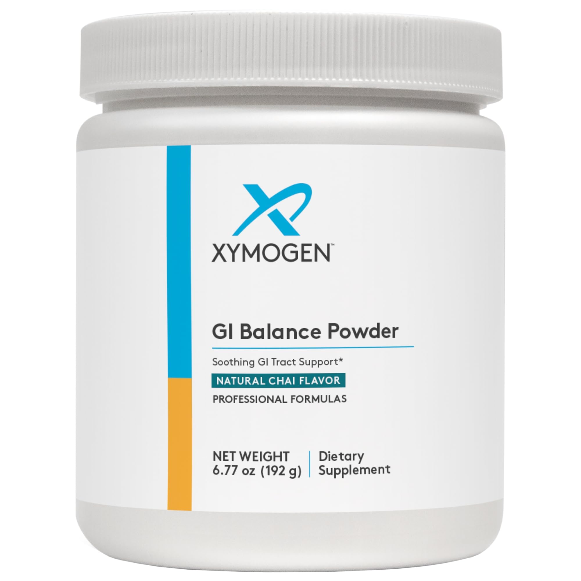 XYMOGEN GI Balance Powder tub front with branding for gut support and chai flavor.
