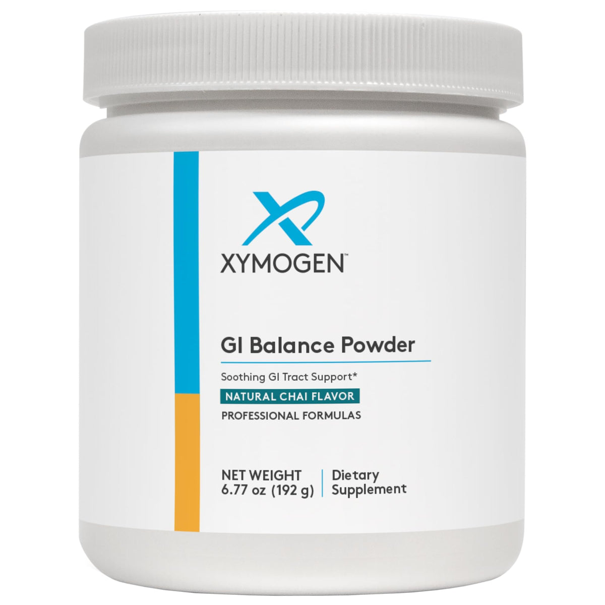 XYMOGEN GI Balance Powder tub front with branding for gut support and chai flavor.