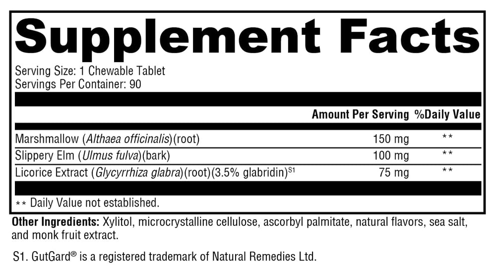 XYMOGEN GI Soothe Chocolate close-up of ingredients reveals natural mucosa-supporting herbs.