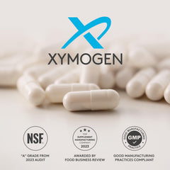 XYMOGEN GlutAloeMine label closeup shows allergen-free formula.