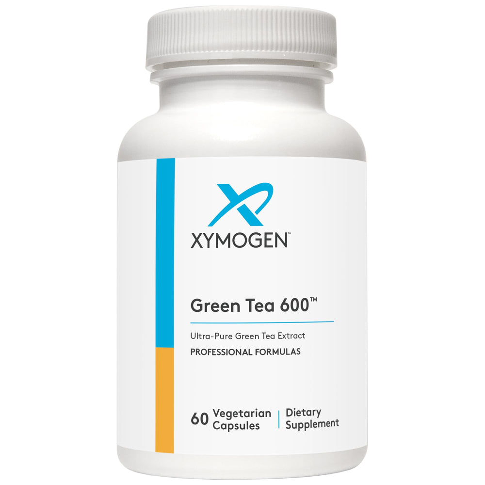 XYMOGEN Green Tea 600 bottle with glass, convenient daily use.