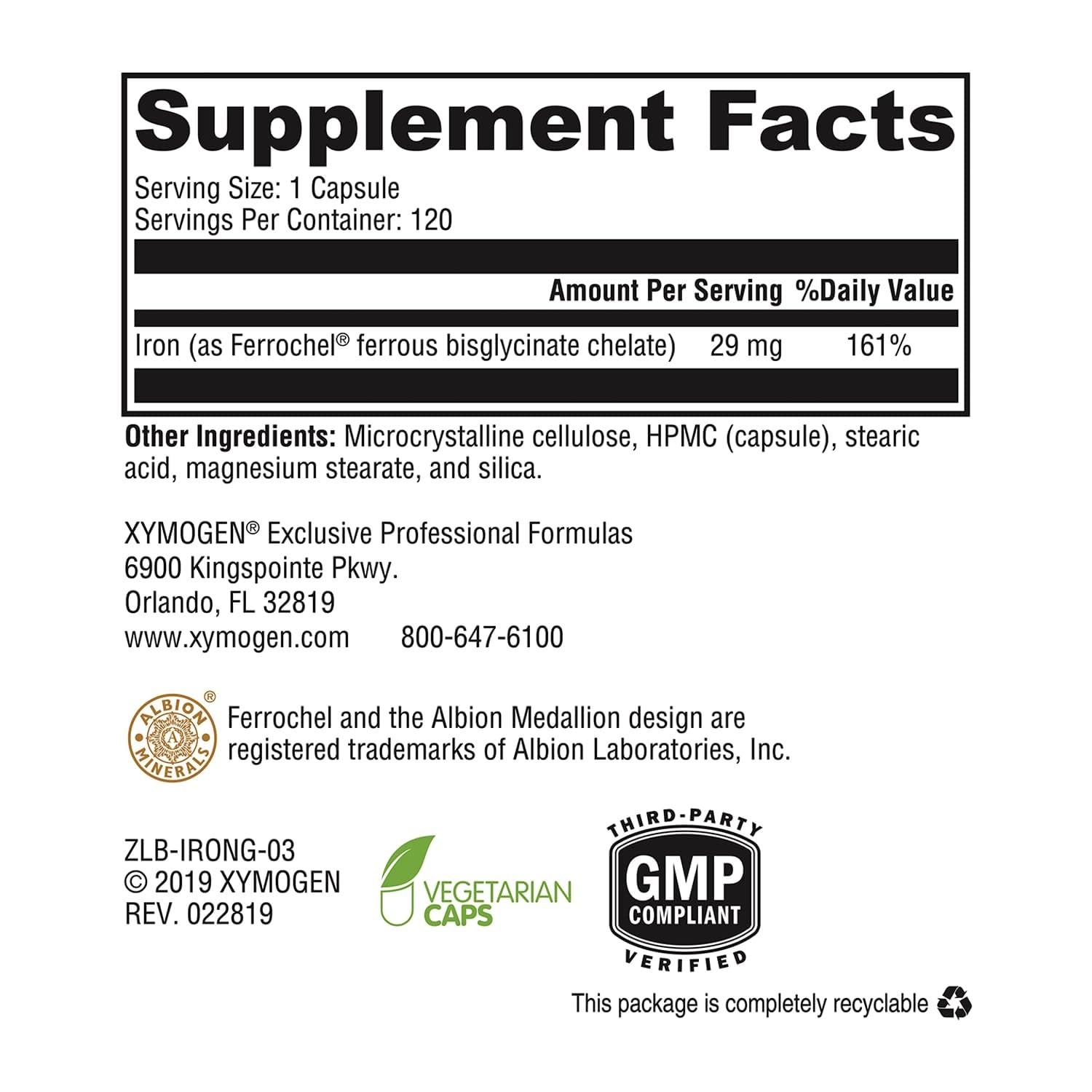 XYMOGEN Iron Glycinate label close-up highlighting patented formula.