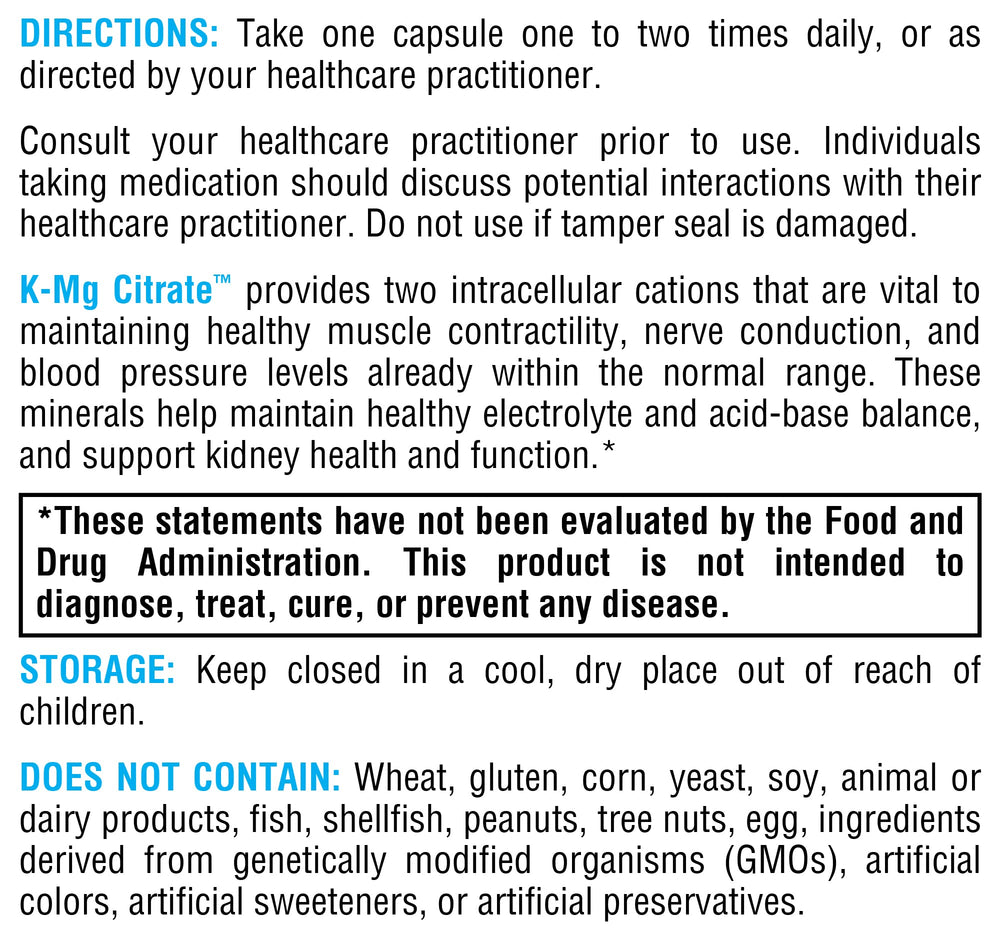 XYMOGEN K-Mg Citrate daily-dose guidance suggests 1–2 capsules per day.
