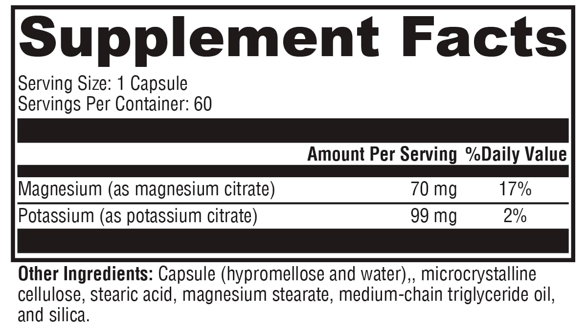 XYMOGEN K-Mg Citrate ingredient scene emphasizes Magnesium and Potassium citrate.
