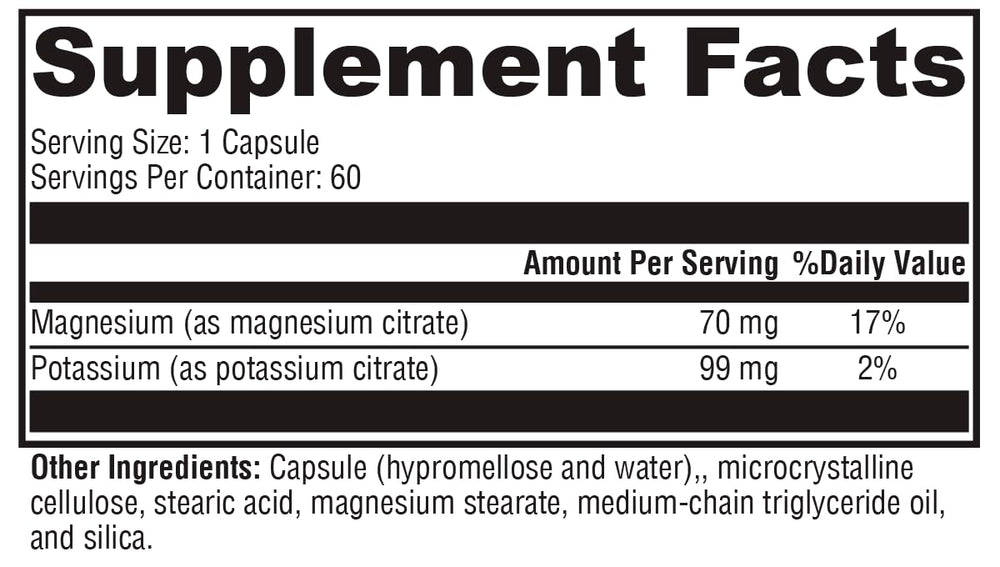 XYMOGEN K-Mg Citrate ingredient scene emphasizes Magnesium and Potassium citrate.