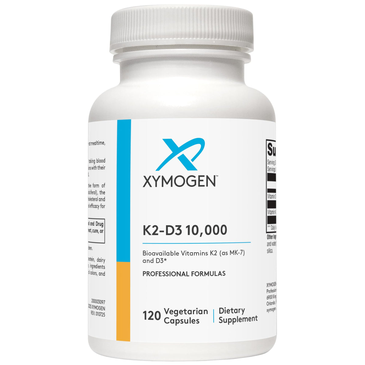 XYMOGEN K2-D3 capsules closeup; supports bone health.