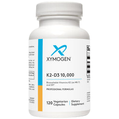 XYMOGEN K2-D3 capsules closeup; supports bone health.