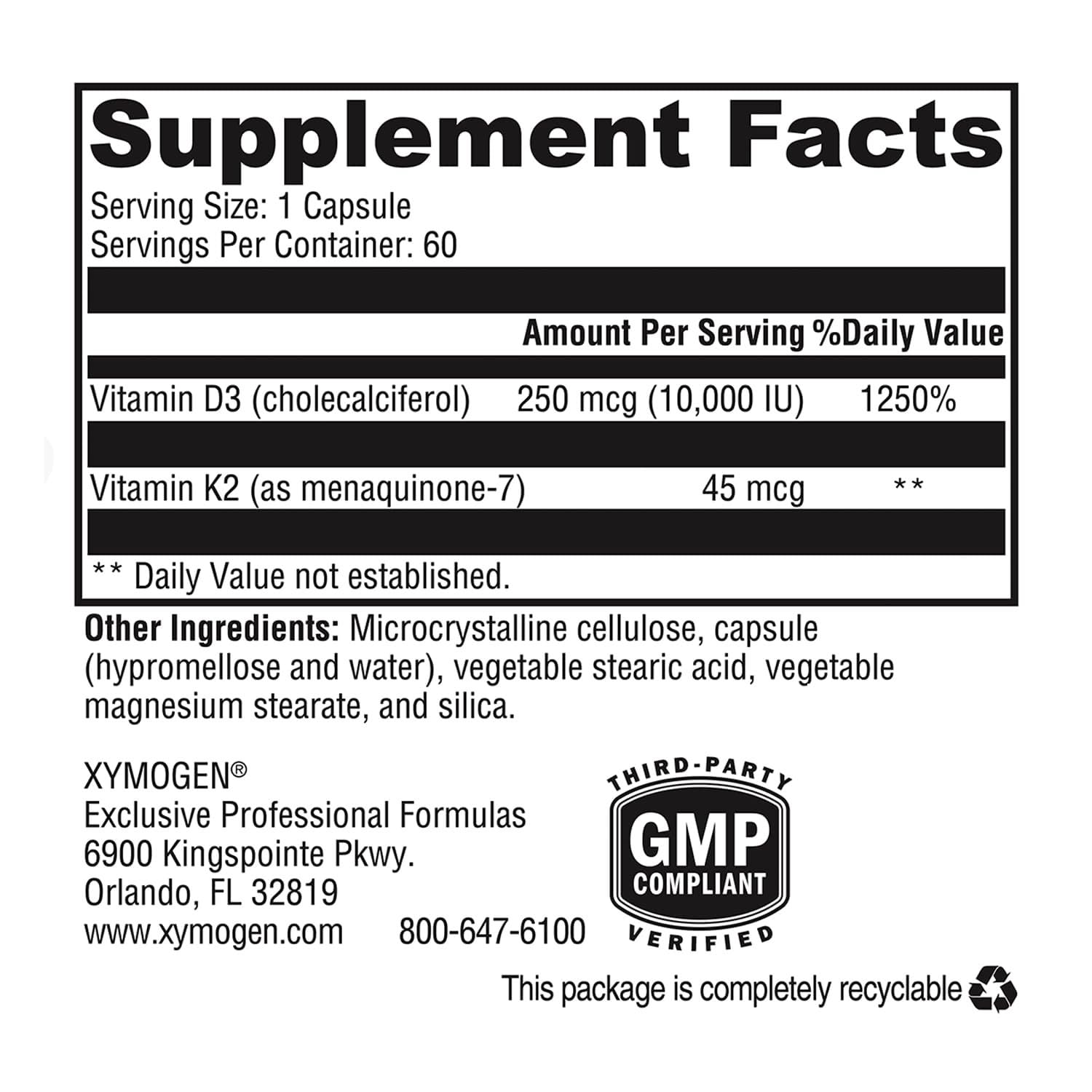 Closeup of Xymogen K2-D3 capsules emphasizing easy-to-swallow form