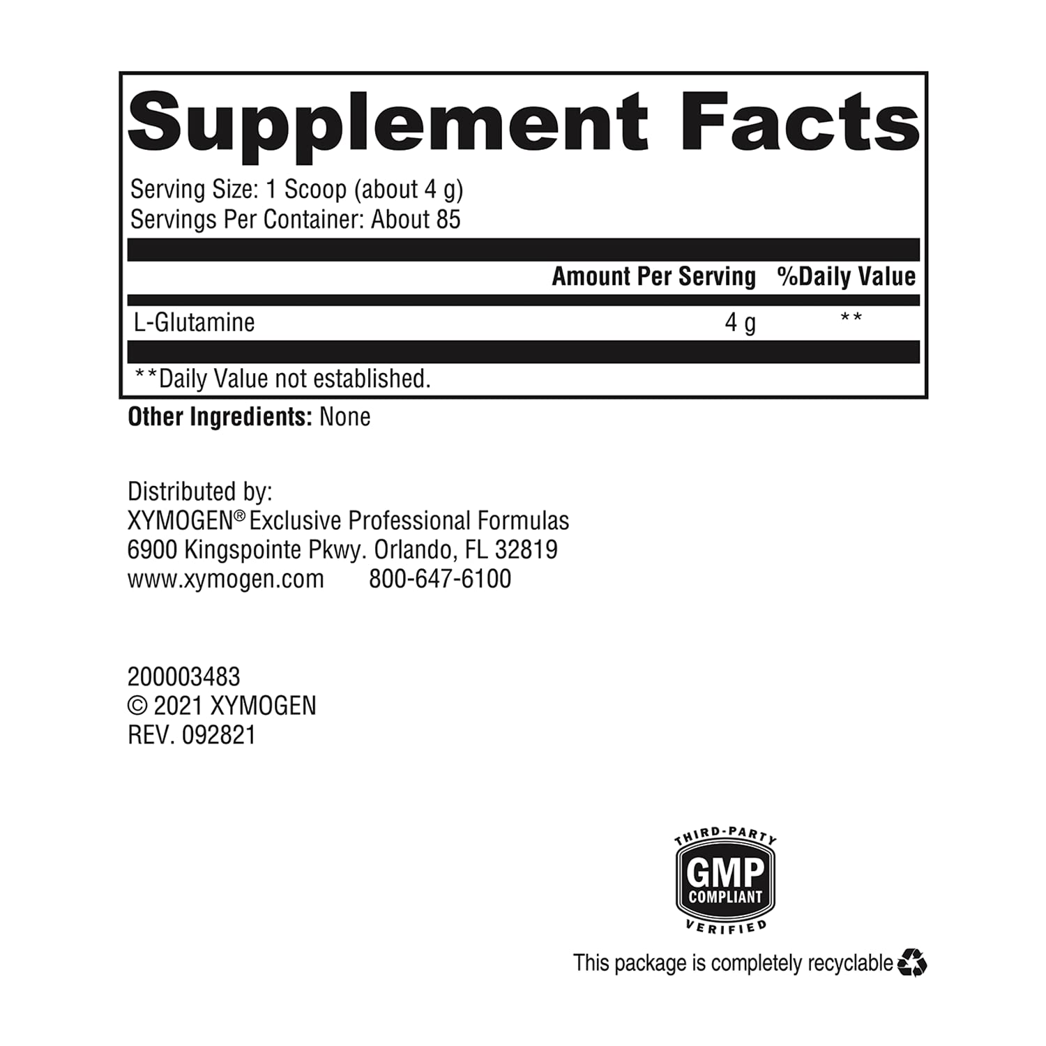 XYMOGEN L-Glutamine packaging highlights gut-health benefits.