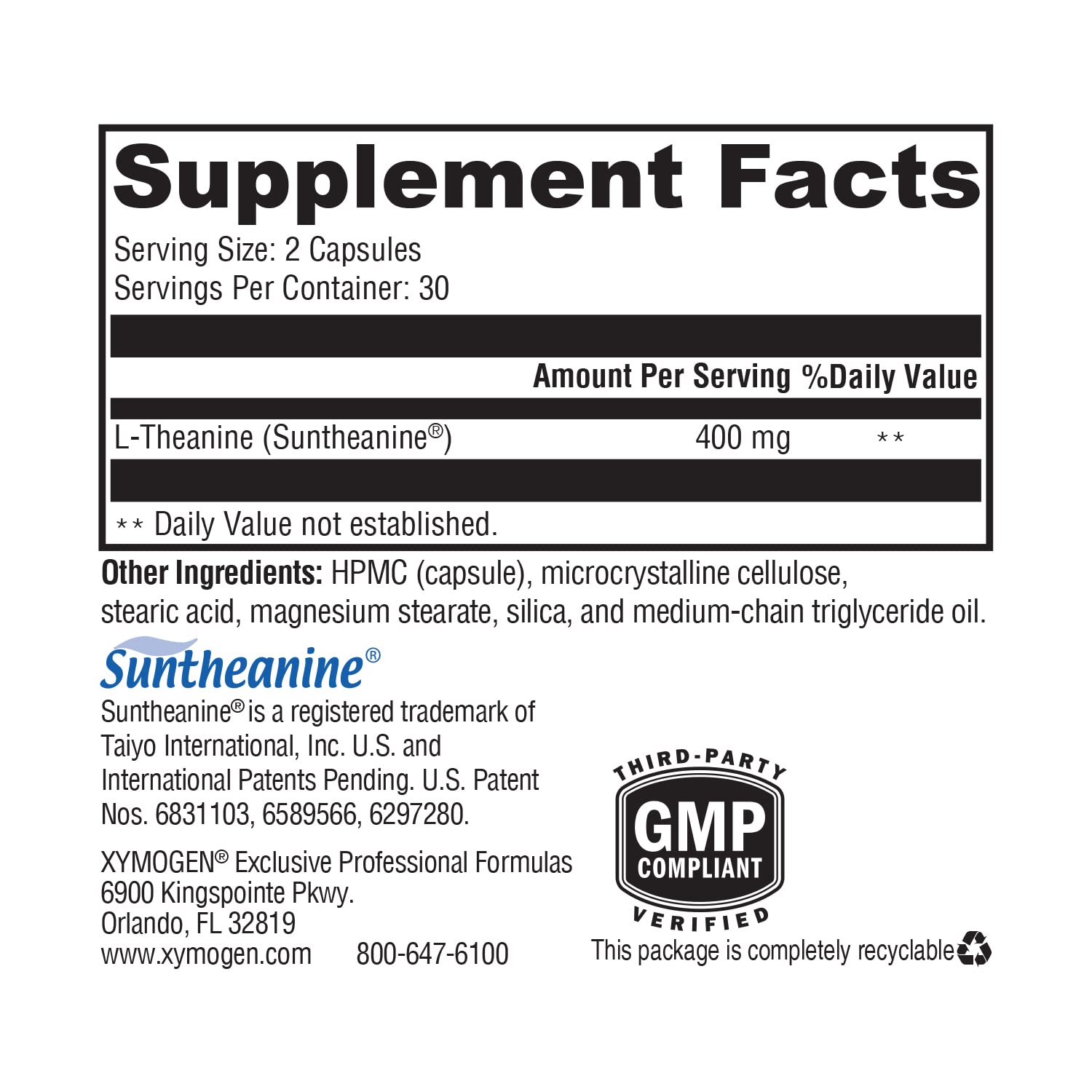 XYMOGEN L-Theanine daily dose pack showing 60 capsules.