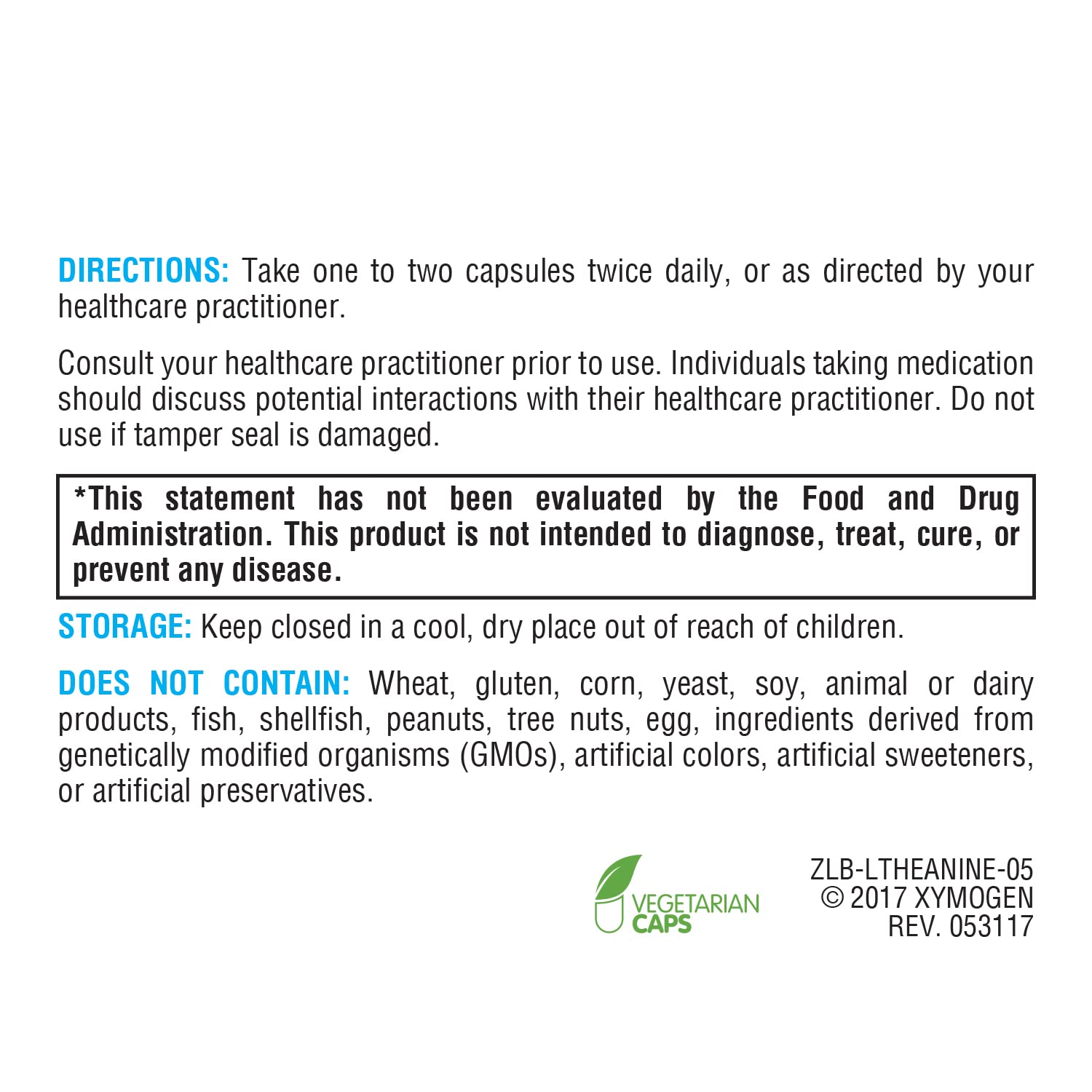 XYMOGEN L-Theanine ingredients list detail displaying allergen-free ingredients.