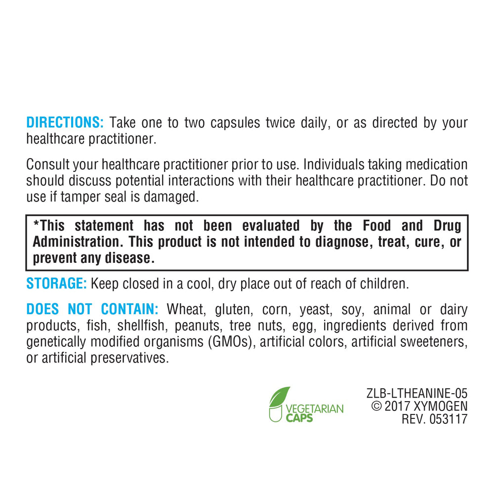 XYMOGEN L-Theanine ingredients list detail displaying allergen-free ingredients.