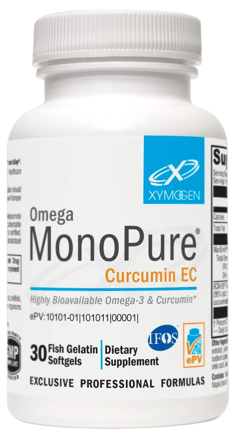 XYMOGEN Omega MonoPure Curcumin EC bottle, showcasing premium omega-3 blend for absorption