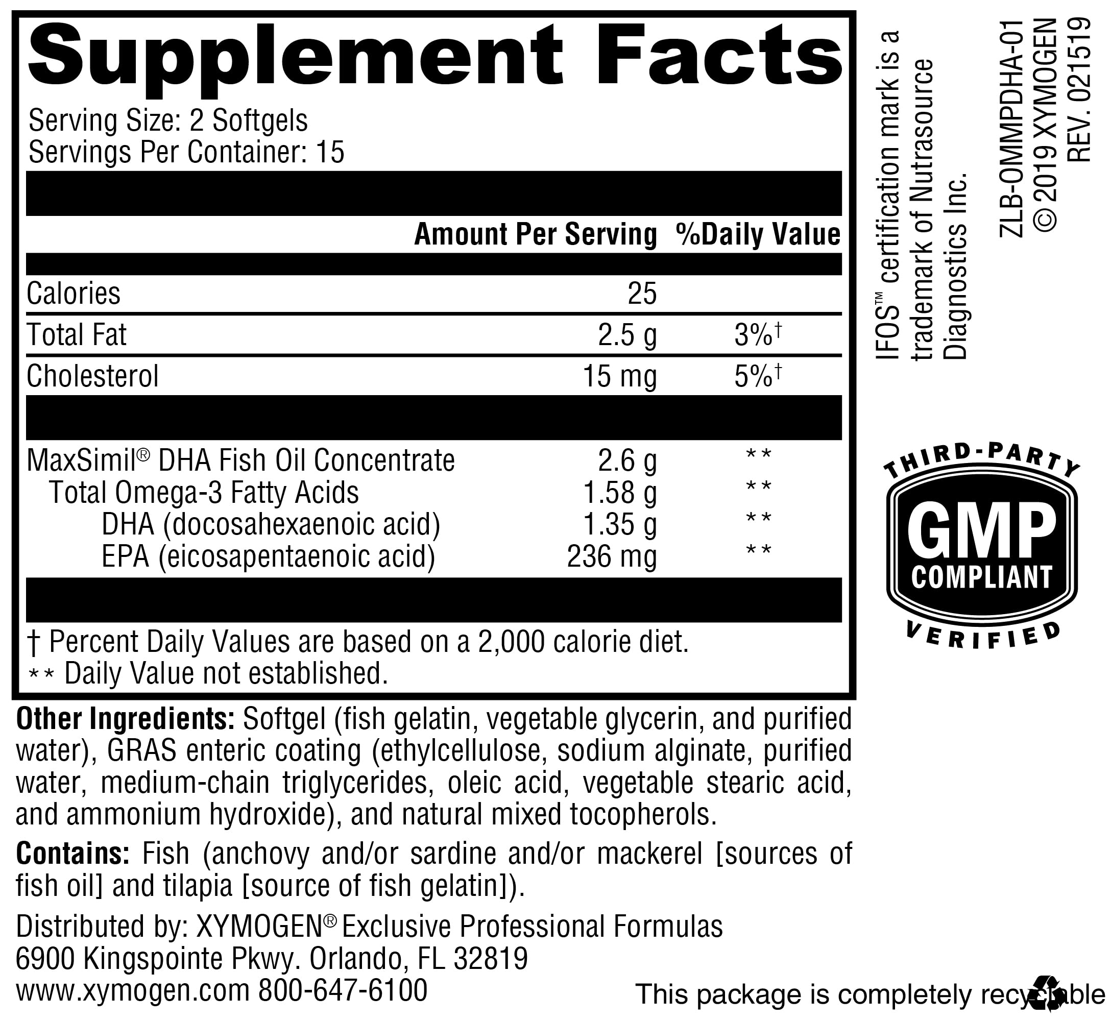 Close-up of XYMOGEN Omega MonoPure DHA EC capsule indicating concentrated DHA EPA.