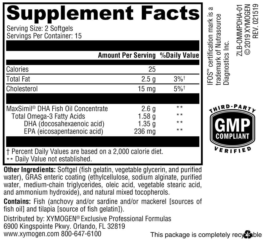 Close-up of XYMOGEN Omega MonoPure DHA EC capsule indicating concentrated DHA EPA.