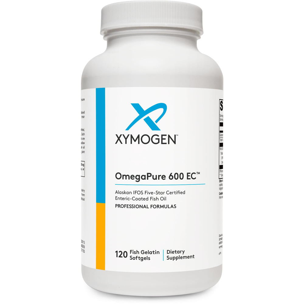 XYMOGEN OmegaPure 600 EC bottle showing easy-to-swallow, enteric-coated softgels.