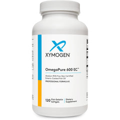 XYMOGEN OmegaPure 600 EC bottle showing easy-to-swallow, enteric-coated softgels.