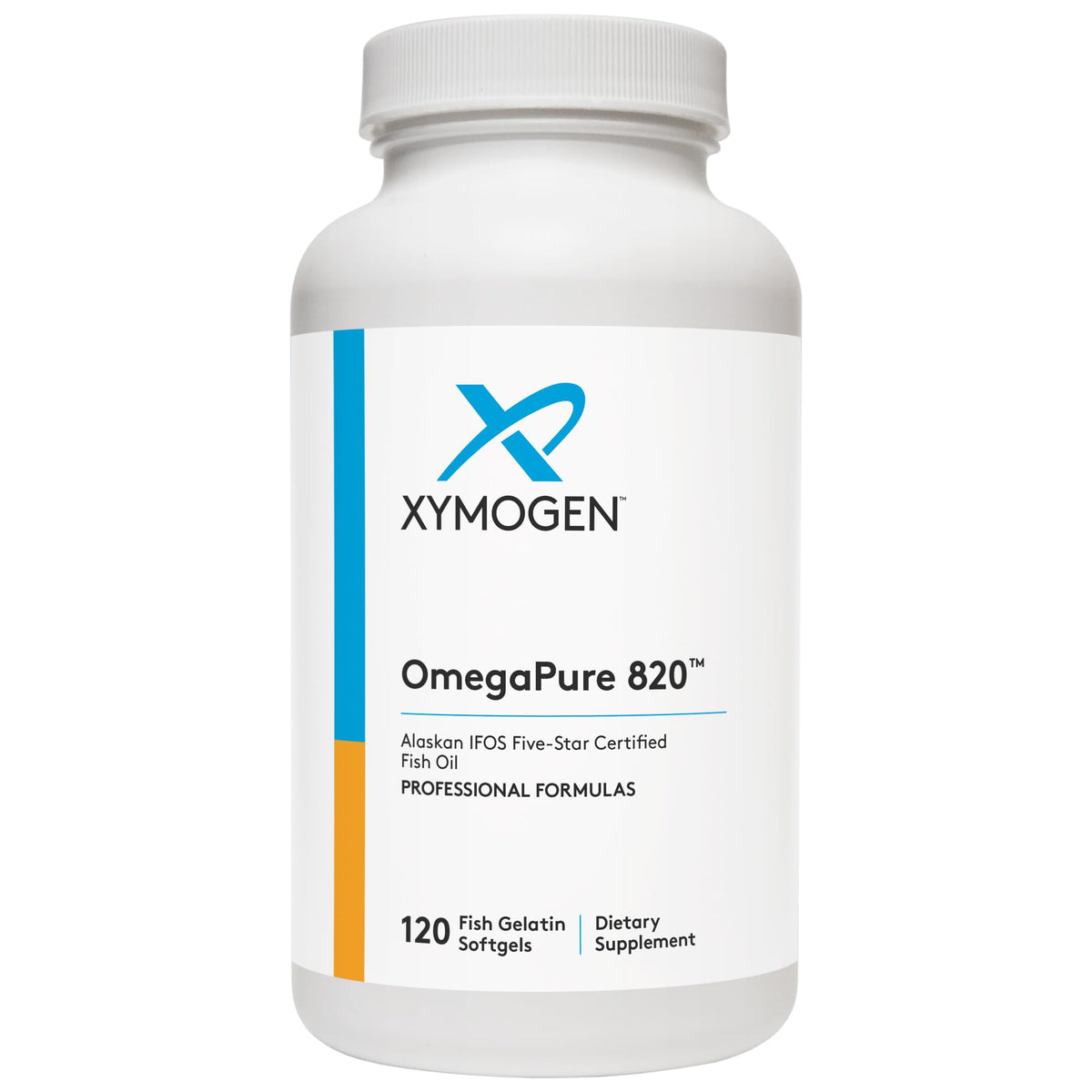 XYMOGEN OmegaPure 820 softgel bottle for easy daily omega-3 intake and heart support.