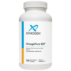 XYMOGEN OmegaPure 820 softgel bottle for easy daily omega-3 intake and heart support.