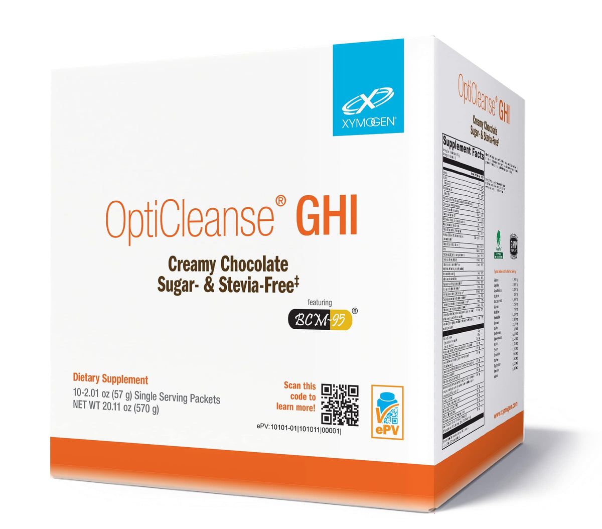 XYMOGEN OptiCleanse GHI pack front highlights vegan, sugar-free formula for daily wellness.