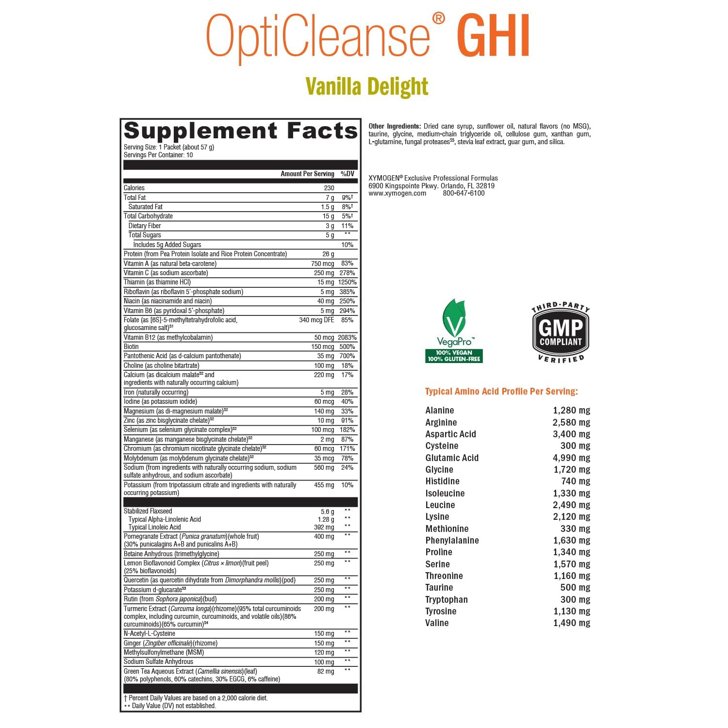 XYMOGEN OptiCleanse GHI bottle back label detailing ingredients and vitamins