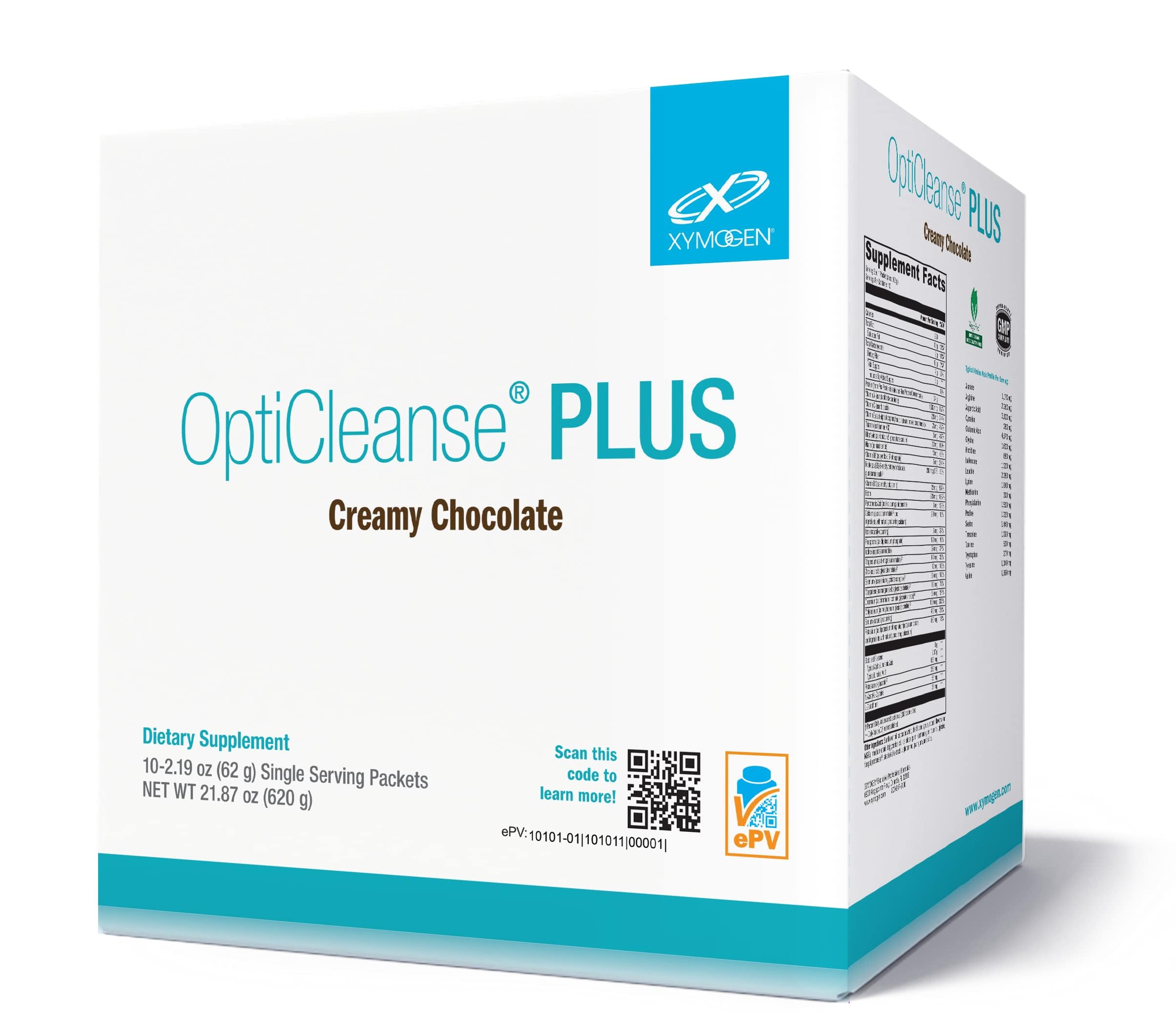 XYMOGEN OptiCleanse Plus creamy chocolate packets for convenient vegan protein source.