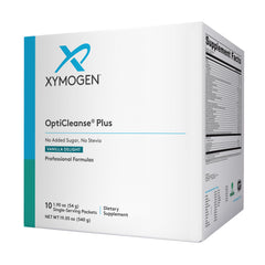 XYMOGEN OptiCleanse Plus Vanilla Delight packaging highlighting vegan protein shake for detox-friendly nutrition