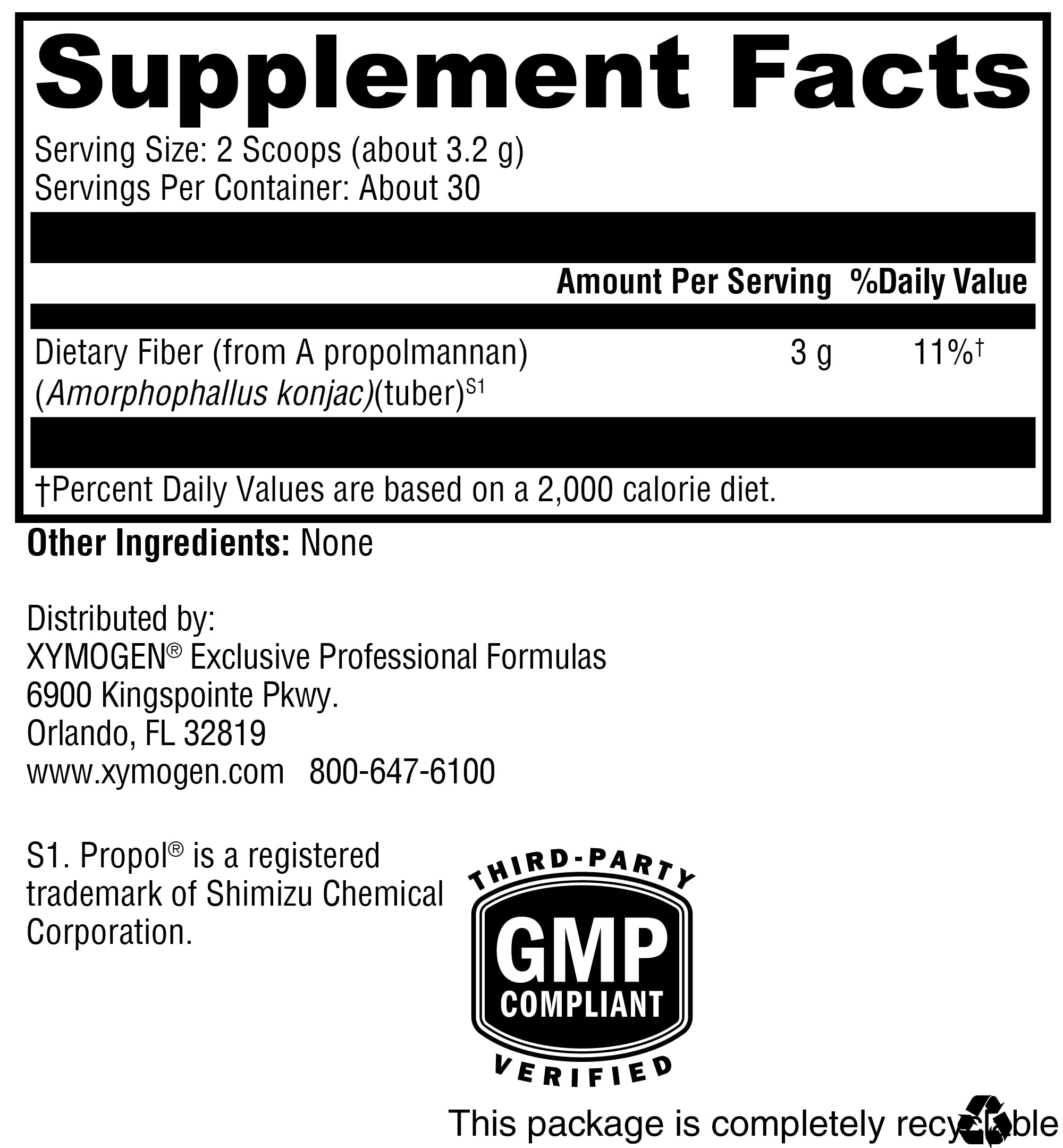 XYMOGEN OptiFiber Lean nutrition facts panel with key benefits.