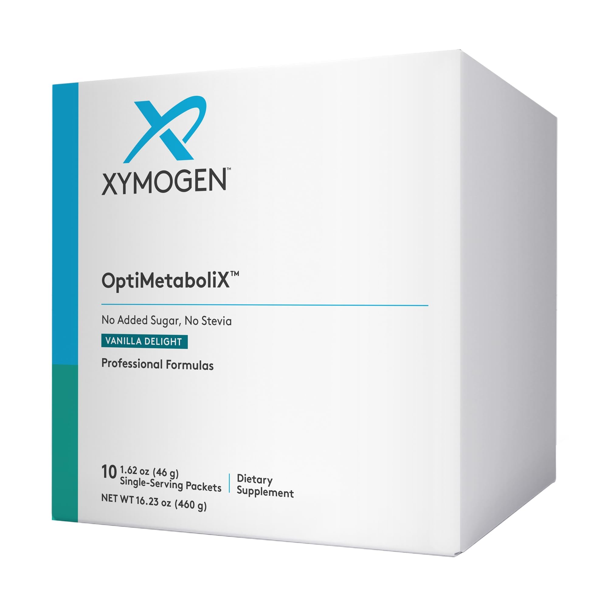 XYMOGEN OptiMetaboliX vanilla delight bottle suggesting a pre-meal shake for potential glycemic balance