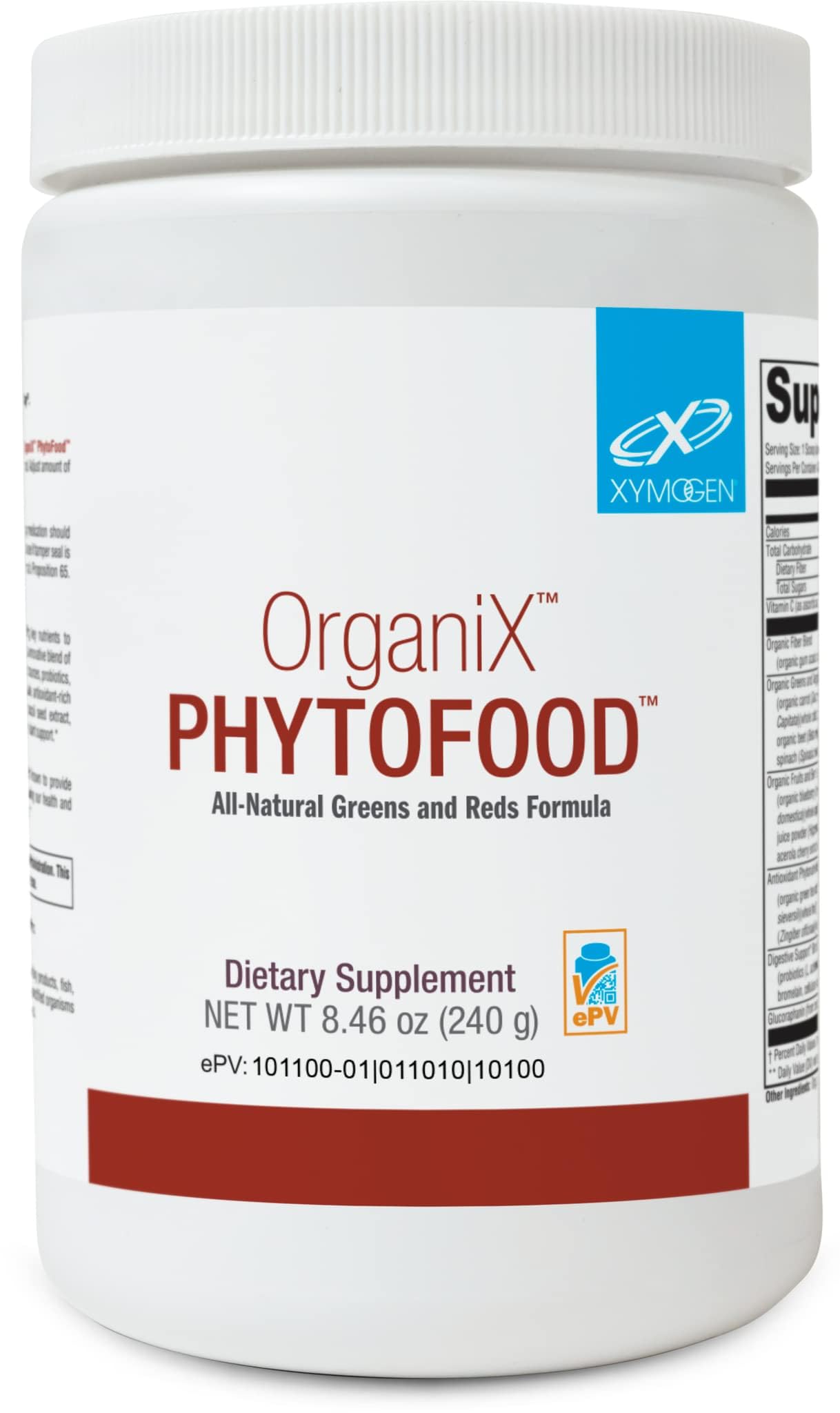 XYMOGEN OrganiX Phytofood tub for daily greens and reds nutrition.