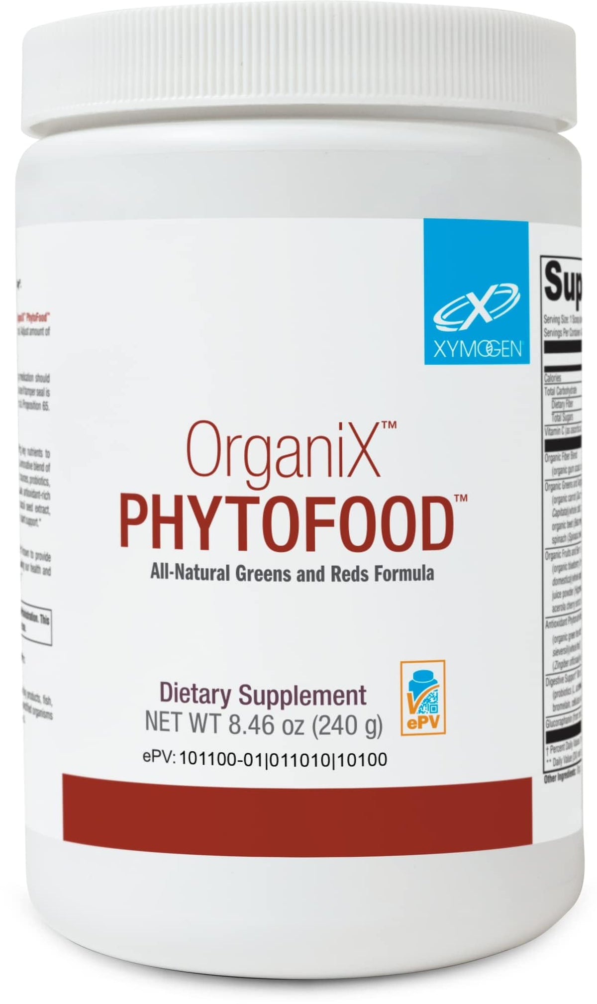 XYMOGEN OrganiX Phytofood tub for daily greens and reds nutrition.