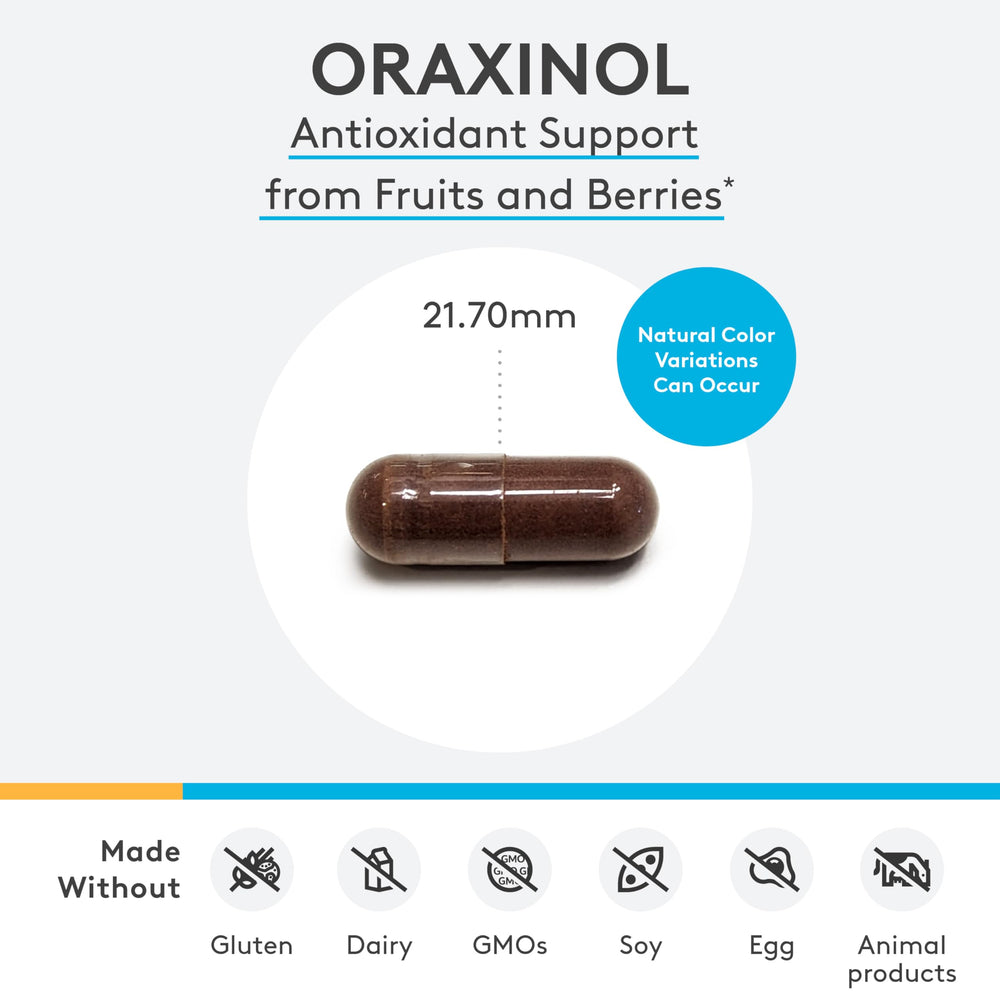 XYMOGEN Oraxinol bottle label highlighting vegan, gluten-free, non-GMO quality