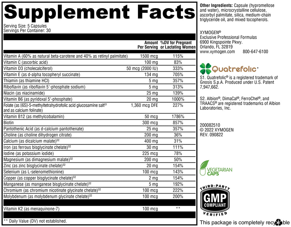 XYMOGEN Prenatal Essentials bottle back label shows 5-MTHF and minerals