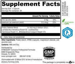 XYMOGEN Probio Defense bottle back with nutrition facts and probiotic details.