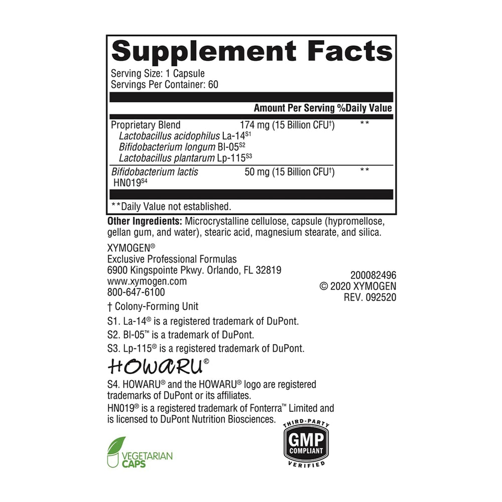 XYMOGEN ProbioMax Daily 30B capsules close-up highlighting dairy-free formula for sensitive tummies