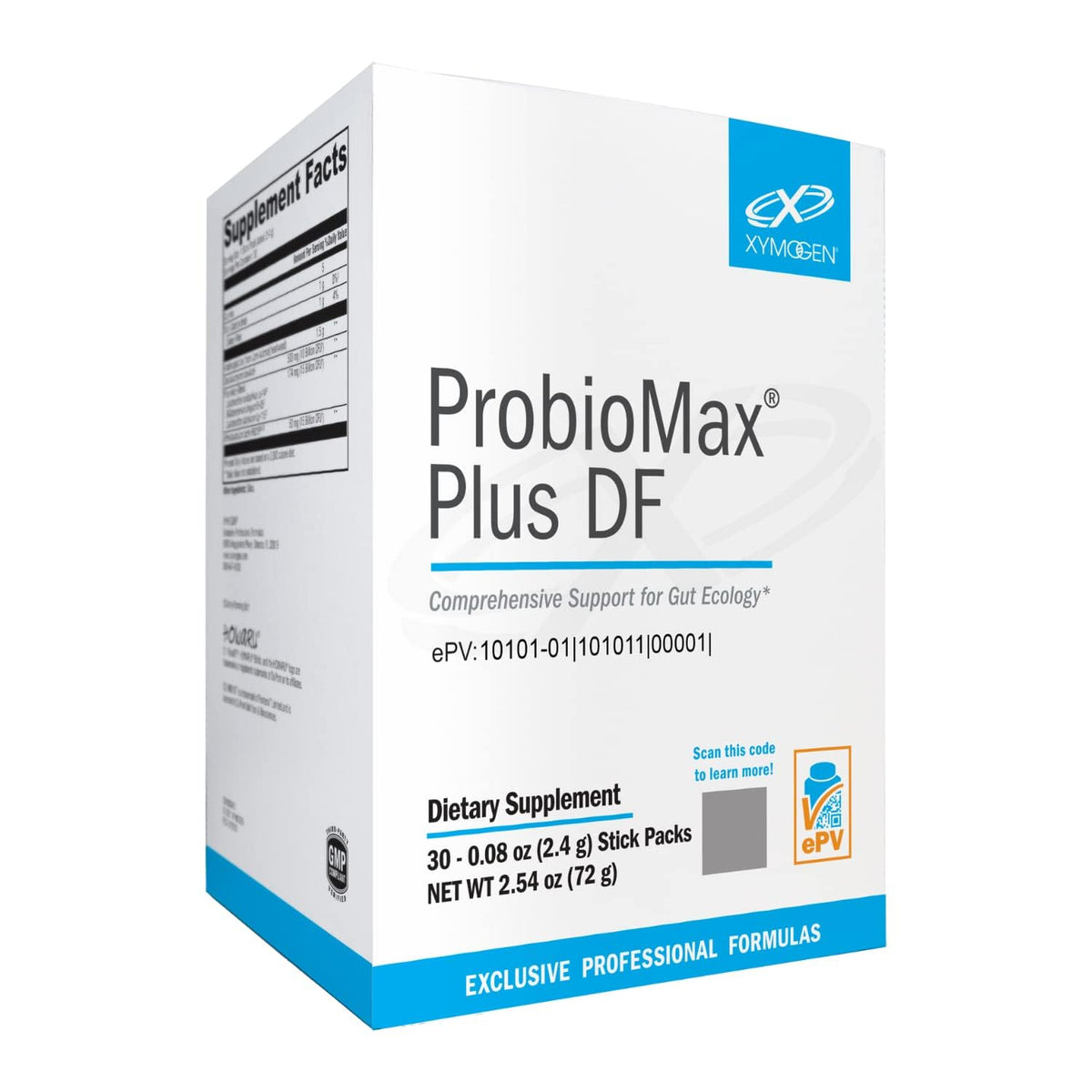 XYMOGEN ProbioMax Plus 40B stick packs for on-the-go digestive balance.