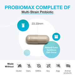Dairy-free label on Xymogen ProbioMax 45B emphasizing allergen awareness.