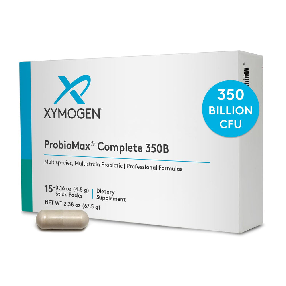 XYMOGEN ProbioMax Complete 350B bottle shows a dairy-free probiotic blend for gut balance.