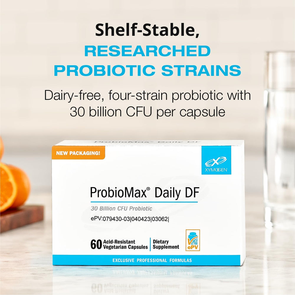 Close-up of ProbioMax Daily 30B capsules showing 30B CFU and four strains.