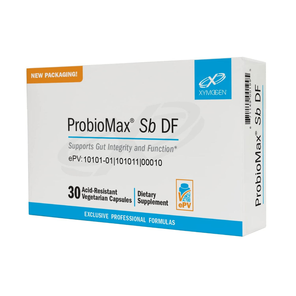 Xymogen Probiomax SB 35B bottle front with capsules designed for digestive balance.