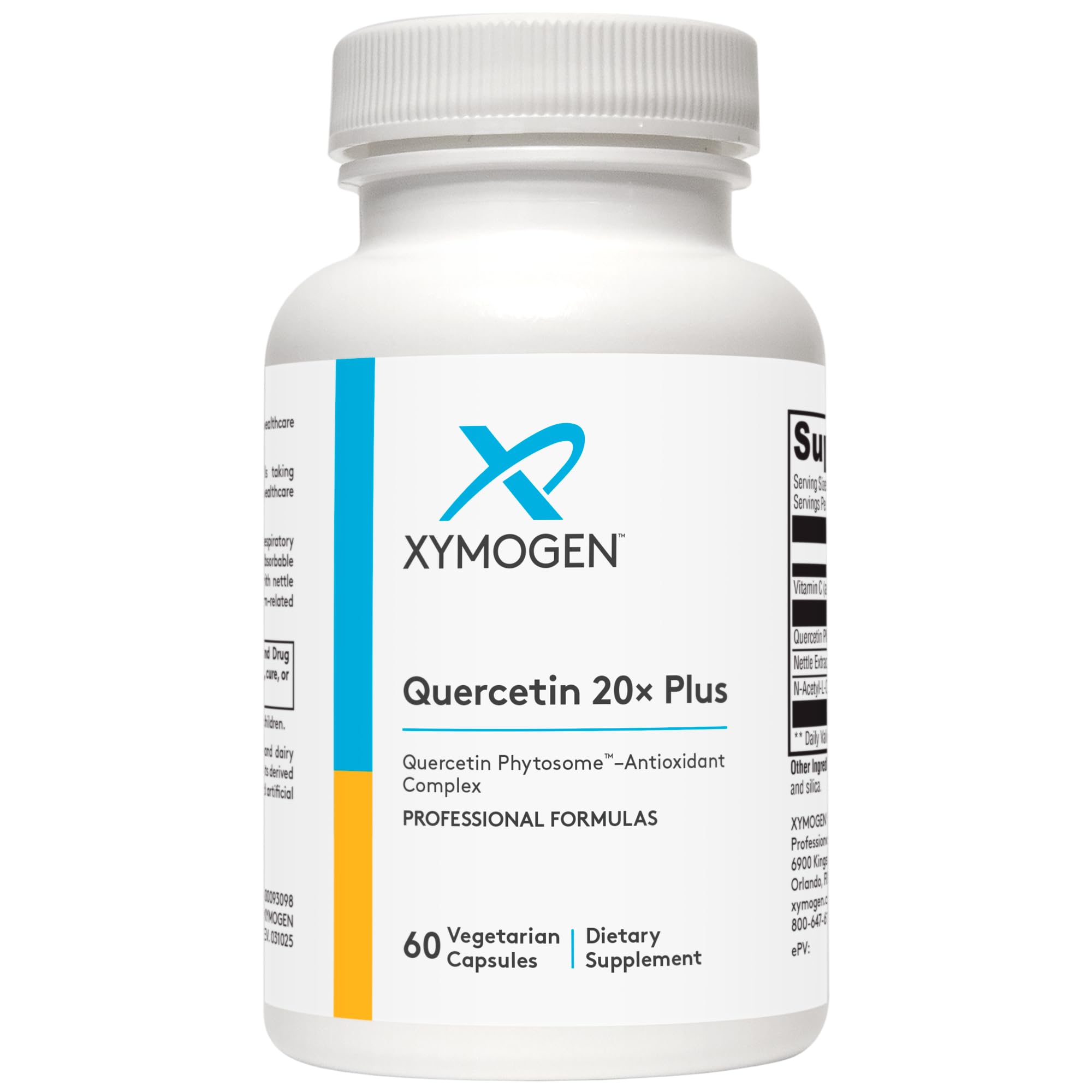 XYMOGEN Quercetin 20x Plus bottle and capsules for respiratory comfort.
