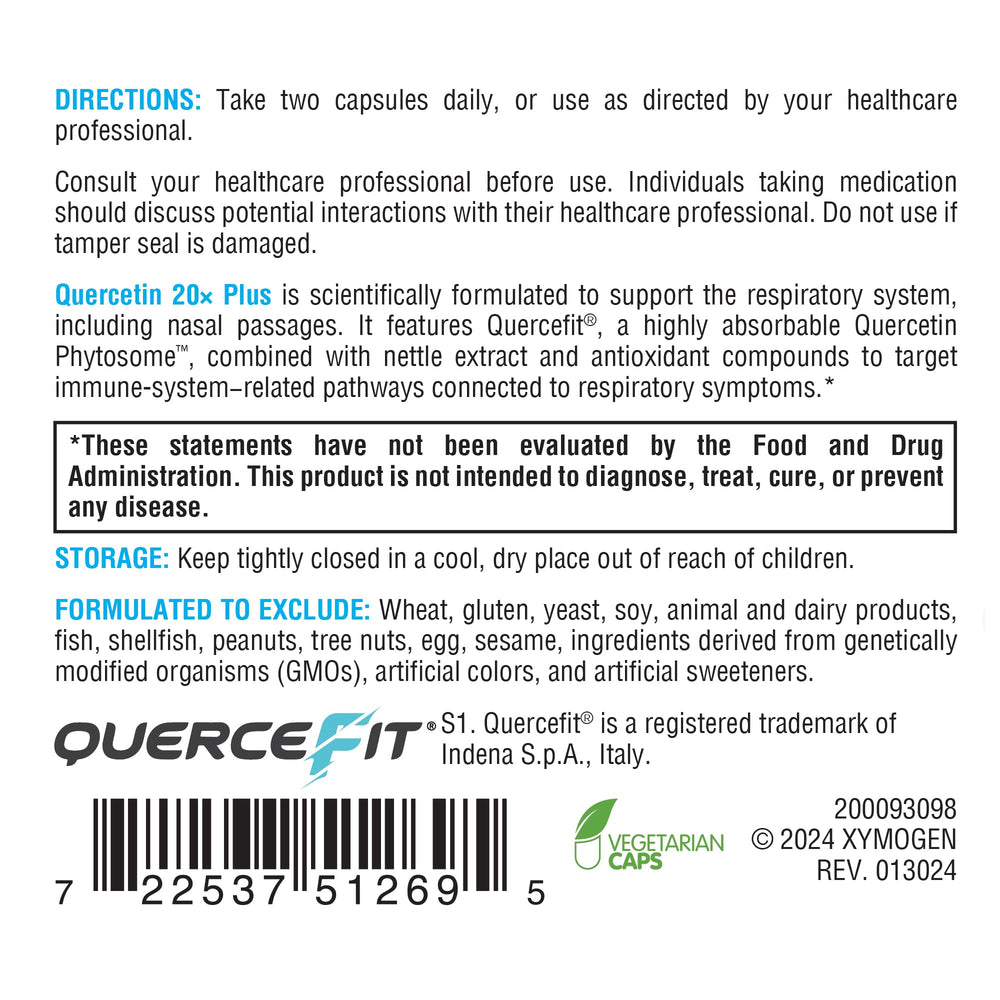 XYMOGEN Quercetin 20x Plus ingredients list on the bottle label.