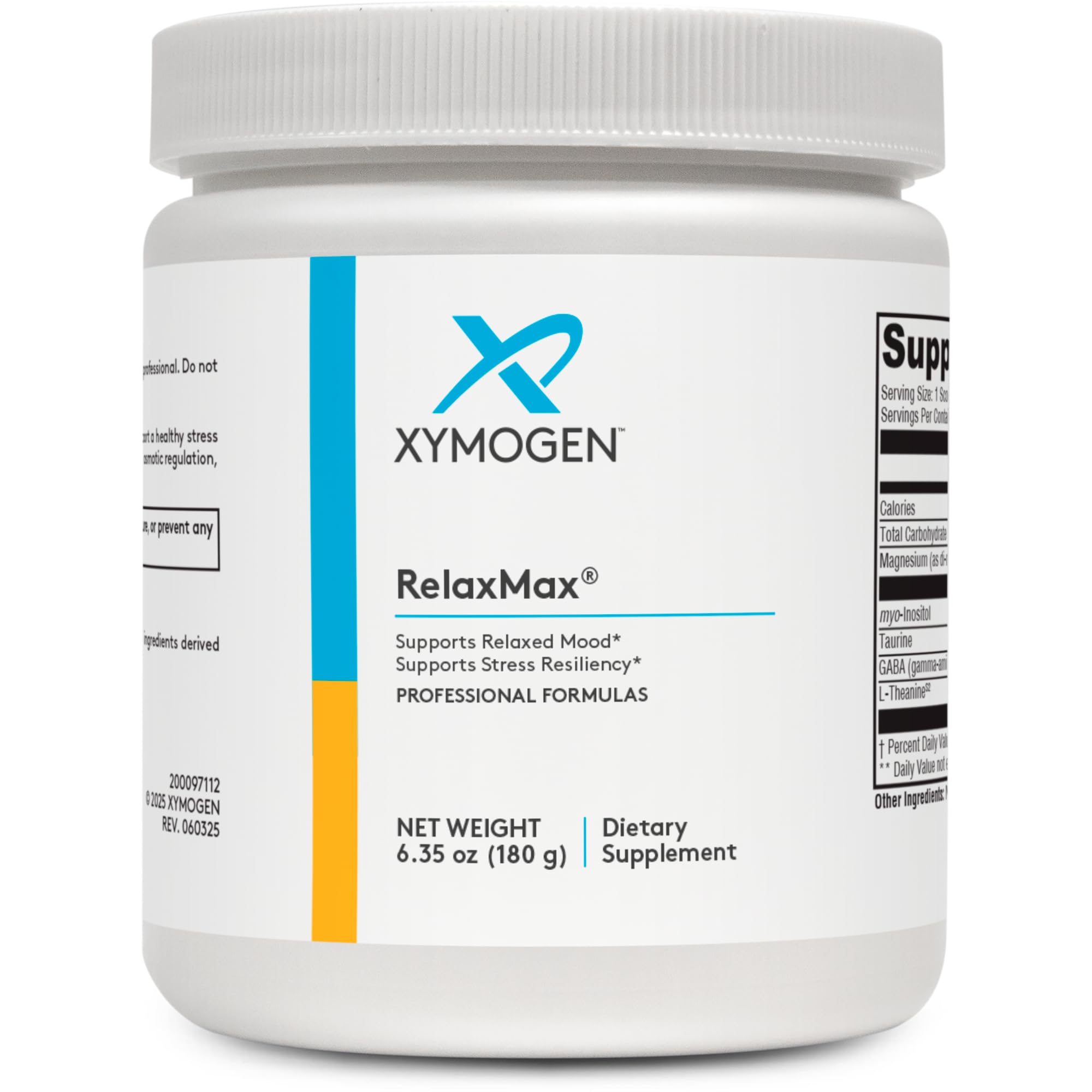 Xymogen RelaxMax bottle showing unflavored powder for calm mood support.