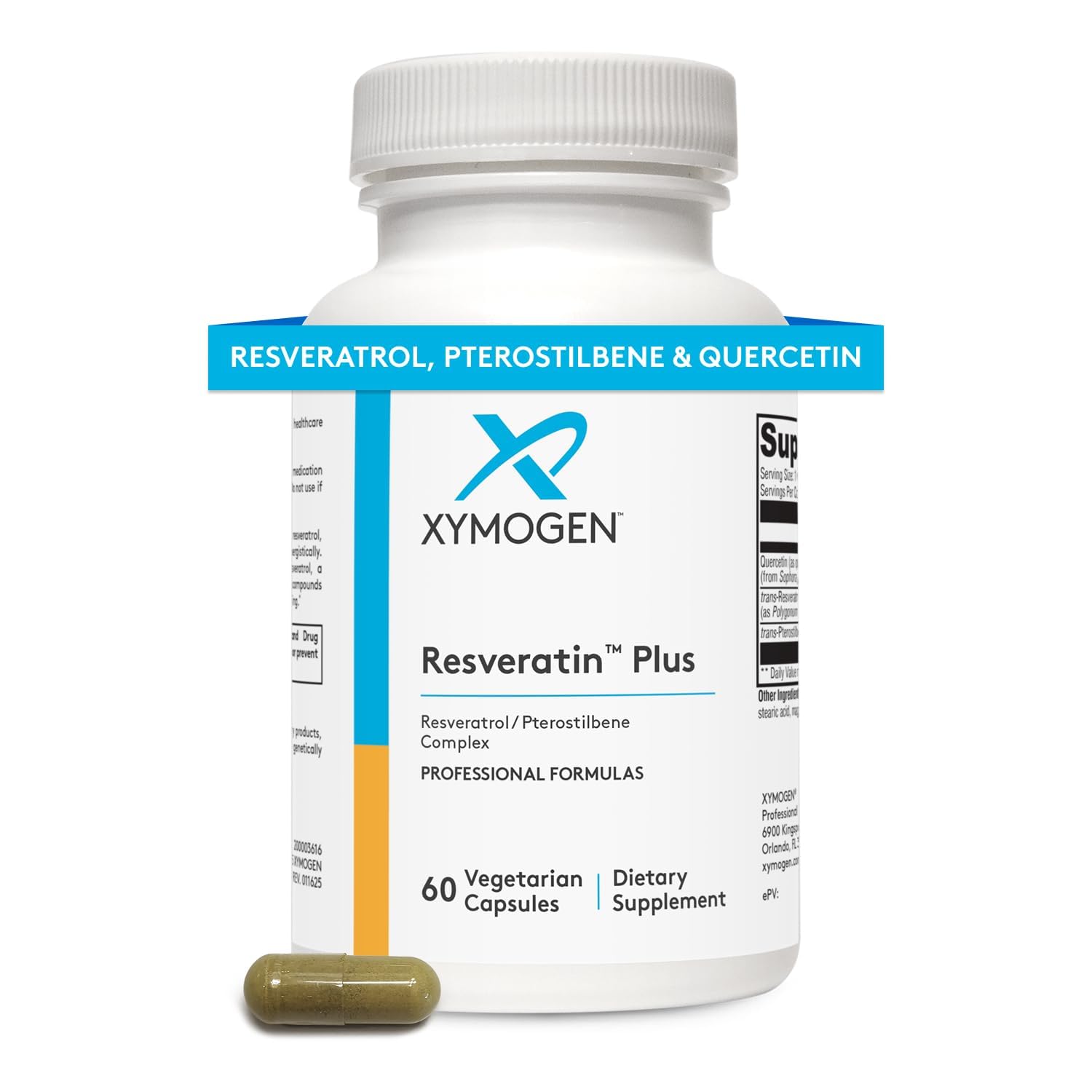 Xymogen Resveratin Plus bottle front featuring antioxidant blend for cardiovascular and cellular support.