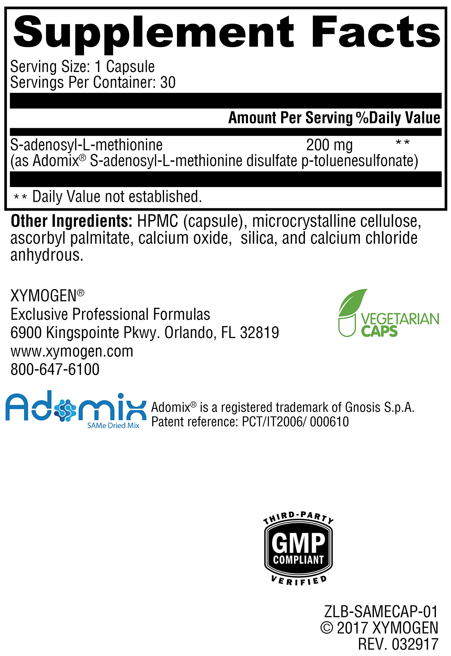 Vegan and gluten-free XYMOGEN SAM-e claim visible on bottle label