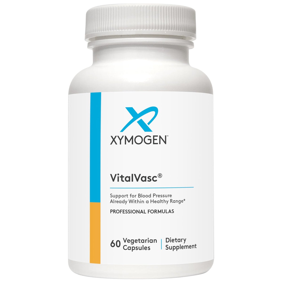 XYMOGEN VitalVasc bottle front highlighting vegan, gluten-free antioxidant support.