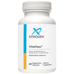 XYMOGEN VitalVasc bottle front highlighting vegan, gluten-free antioxidant support.